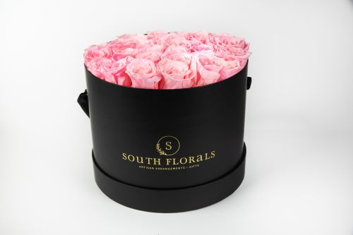 28 Pink Rose in Black Hat Box